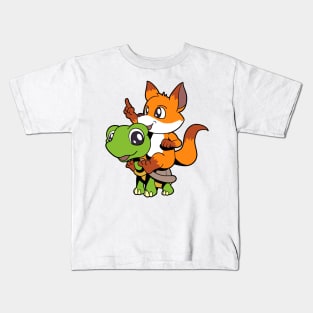 Cartoon - cute fox sitting on turtle Kids T-Shirt